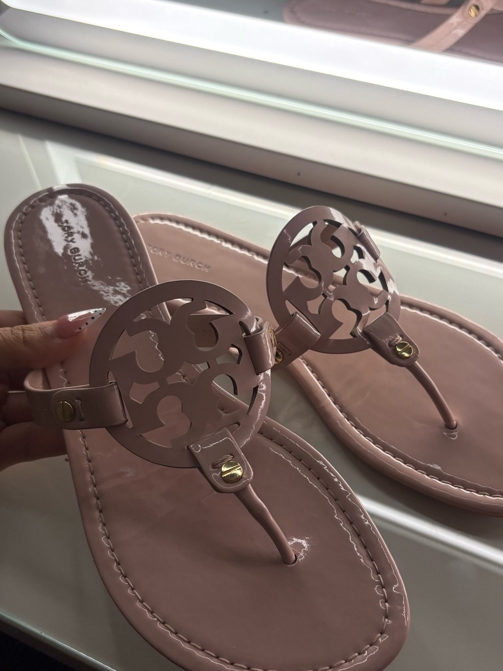 Tory Burch Blush Pink Logo Cutout Thong Sandals